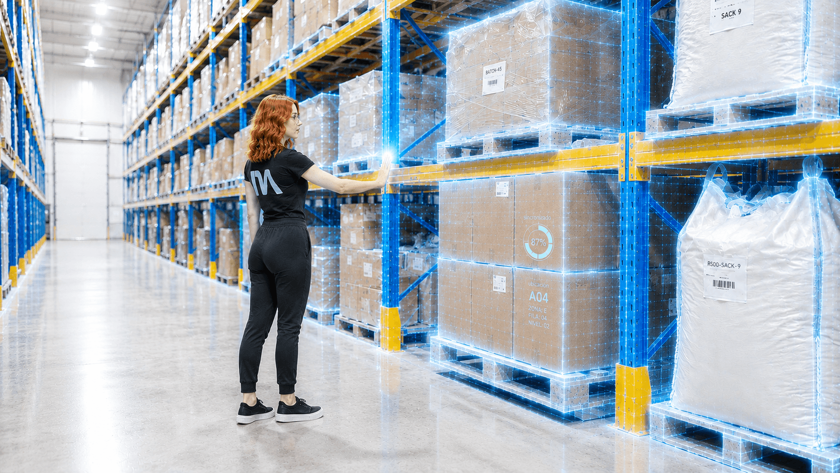 Colaboradora de Lyna revisando el gemelo digital del inventario en el almacén